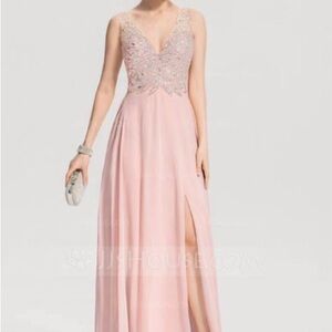 JJs House Blush Pink A-Line V-Neck Floor Length Chiffon Beaded Prom Dress Size12